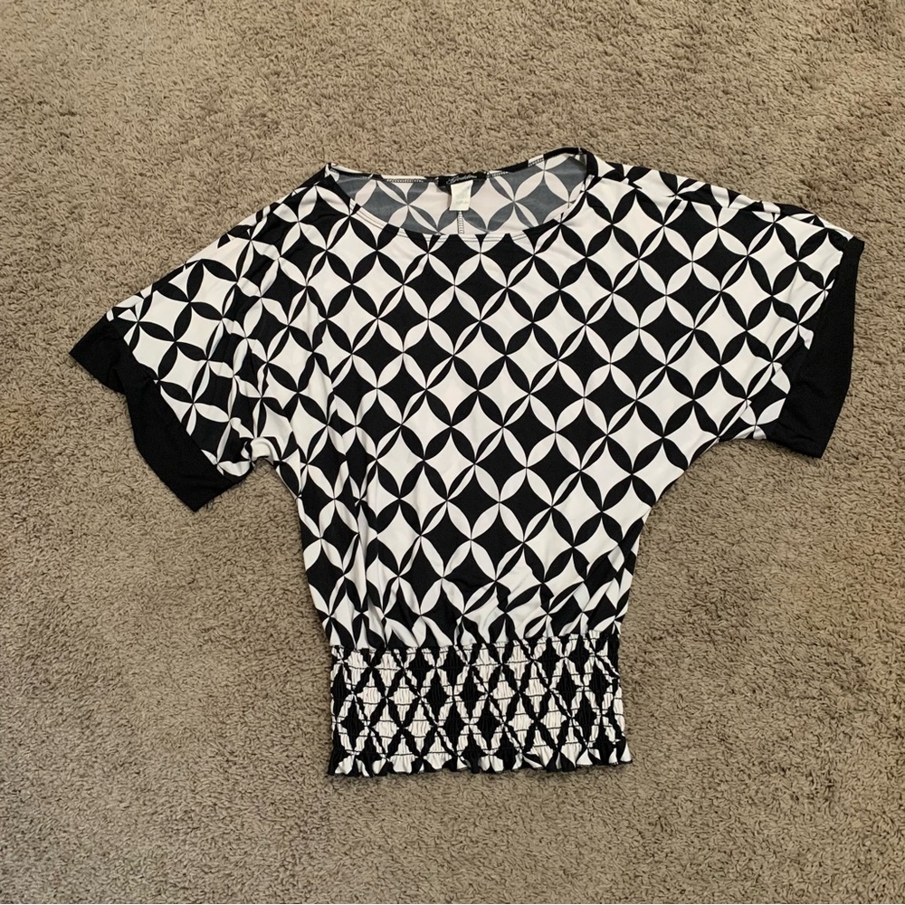Goddess Black White Waist Gathered Blouse Medium